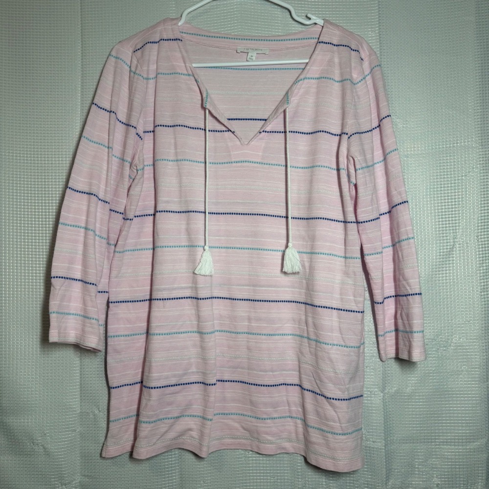 T by Talbots Tunic Top Cotton Blend Striped Tassel Tie Neck Casual Pink Medium